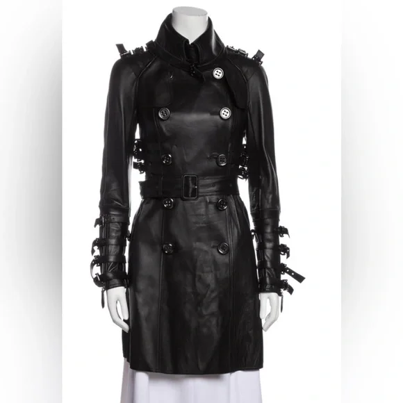 Burberry soft black leather motorcycle trench coat with strap buckles size small - Picture 4 of 6